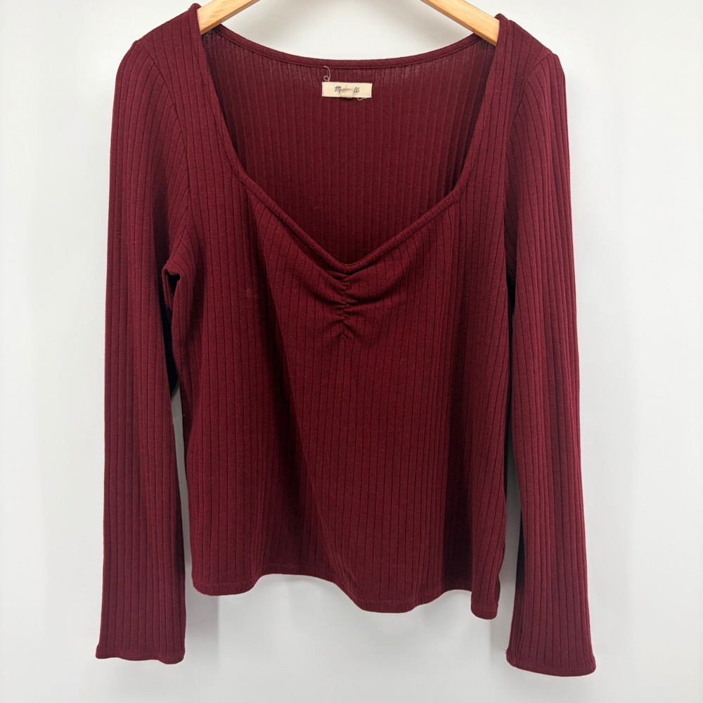 Madewell Ribbed Sweetheart Neck Long Sleeve Top Burgundy Wine Red Women XL